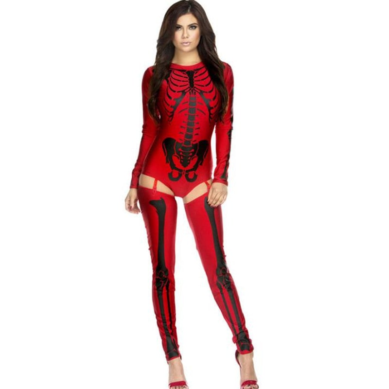 Halloween Skeleton Costume Outfit with Bodysuit and Thigh-High Leggings for Party