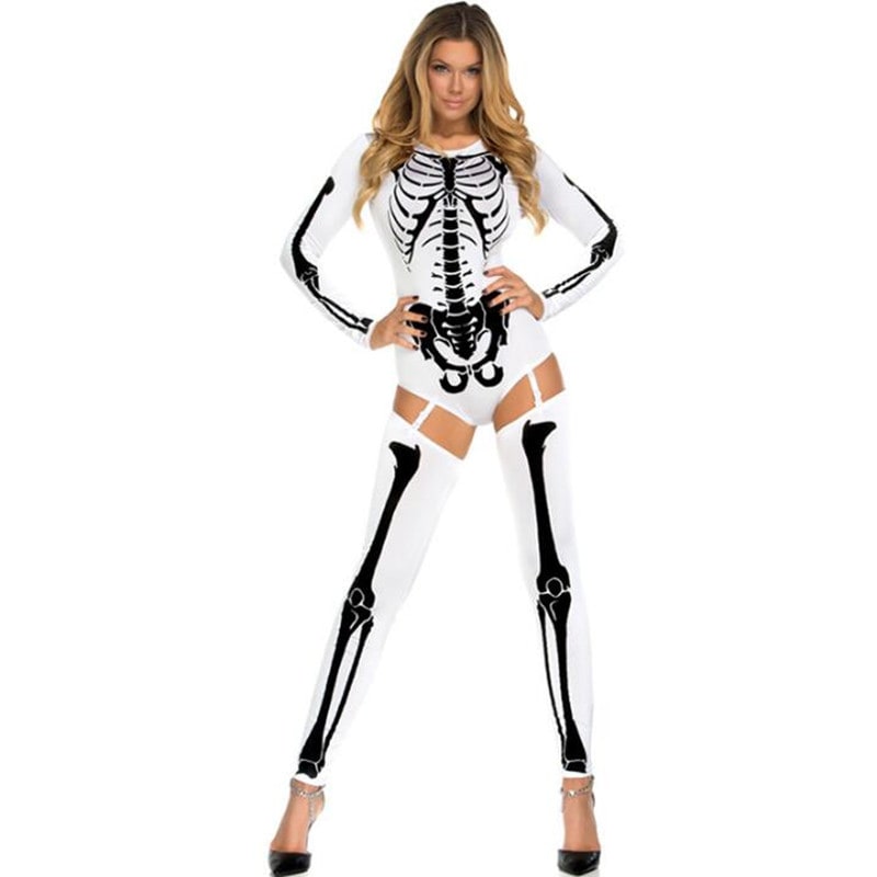 Halloween Skeleton Costume Outfit with Bodysuit and Thigh-High Leggings for Party