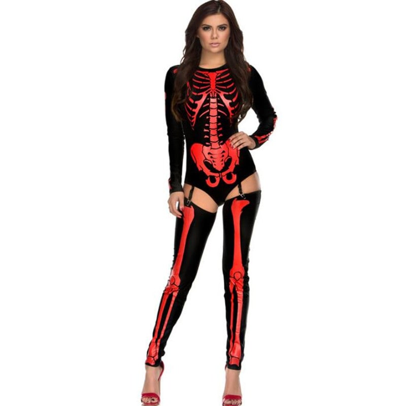 Halloween Skeleton Costume Outfit with Bodysuit and Thigh-High Leggings for Party