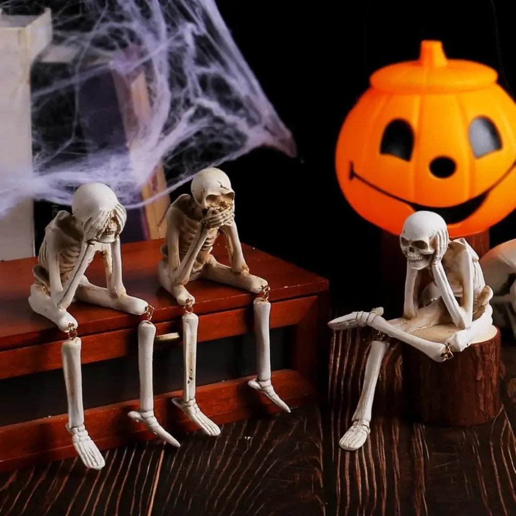 Halloween Skeleton Shelf Sitters Figurines with Dangling Legs and Poseable Joints