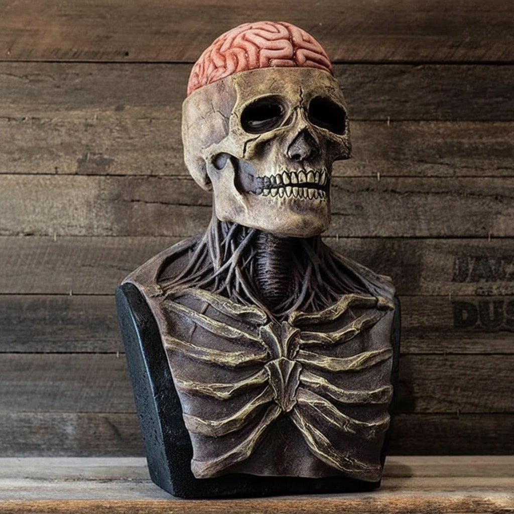 Halloween Skull Mask with Skeleton Chest Plate and Exposed Brain for Scary Party