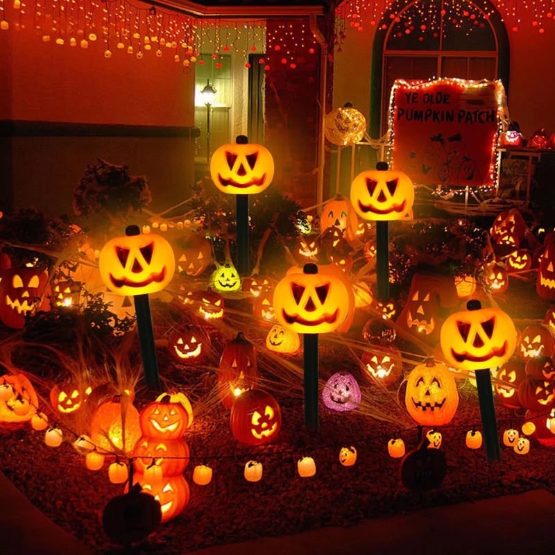 Halloween Solar Pathway Lights with Pumpkin Jack-O-Lantern Stakes Outdoor Decoration Set of 5