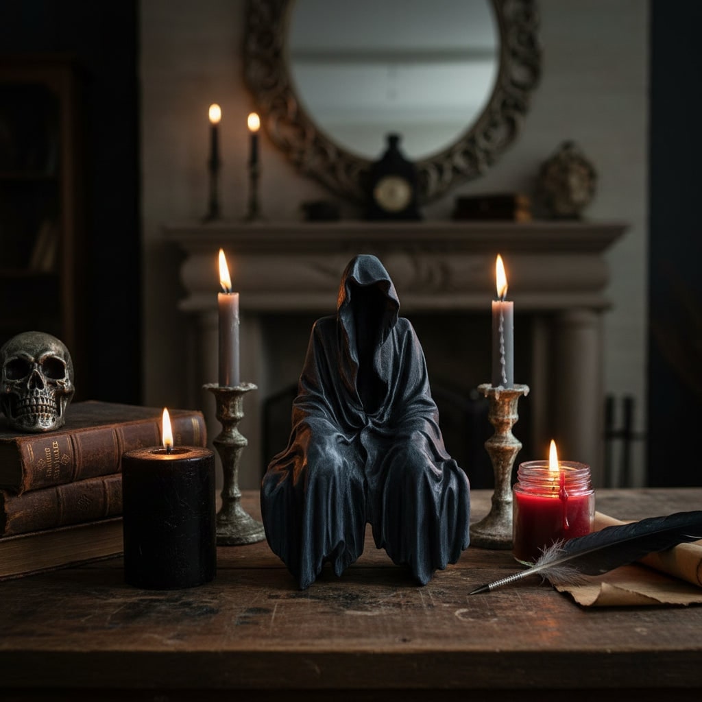 Halloween Spooky Grim Reaper Shelf Sitter Statue Resin Figurine Decoration Hooded