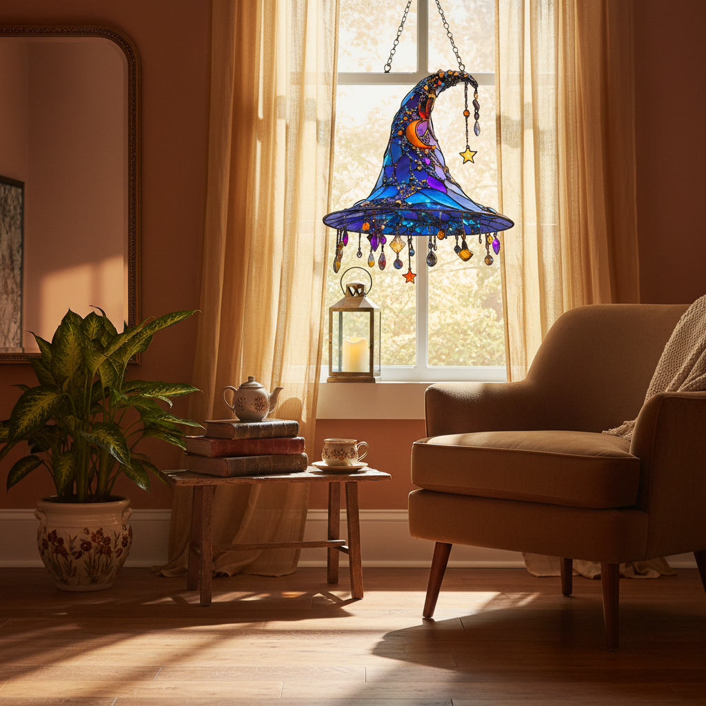 Halloween Stained Glass Beaded Suncatcher Witch Hat Hanging Window Decoration