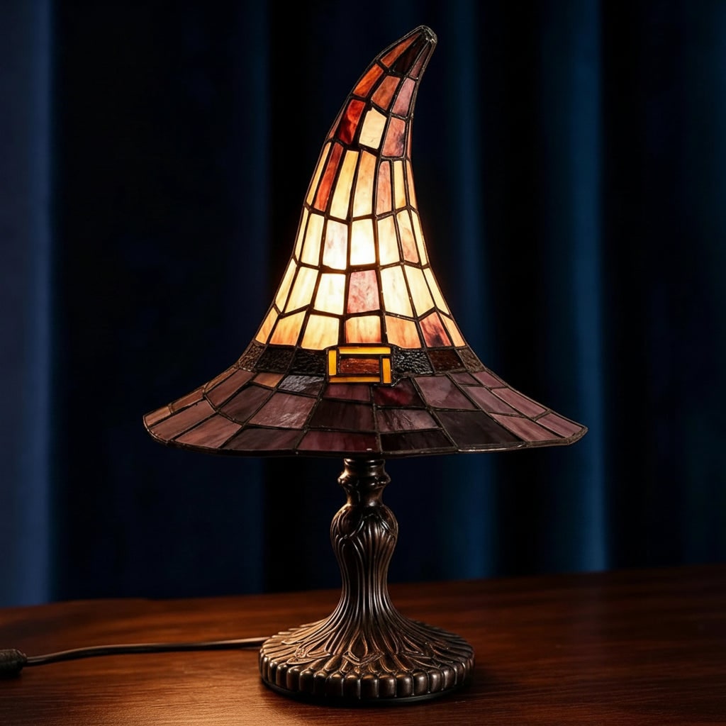 Halloween Stained Glass Table Lamp with Witch Hat Design and Tiffany Style Lampshade