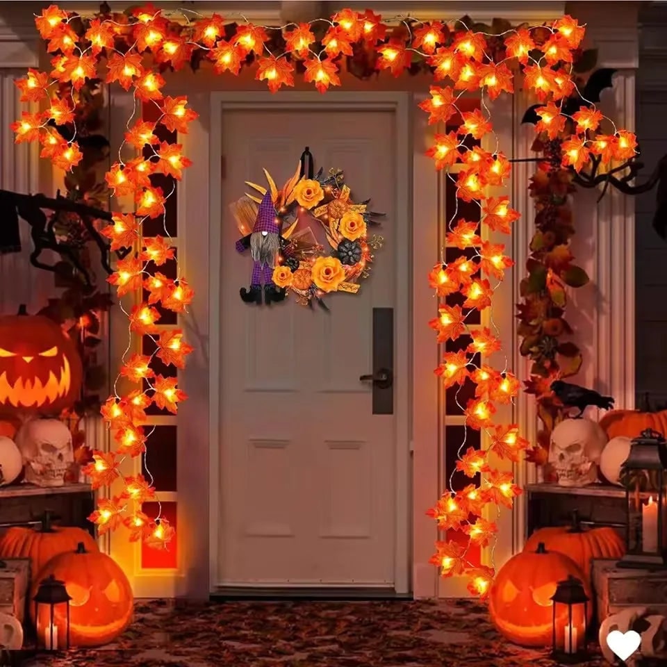Halloween String Lights Garland with Maple Leaf Operated Warm Amber Glow for Fall Party Decoration
