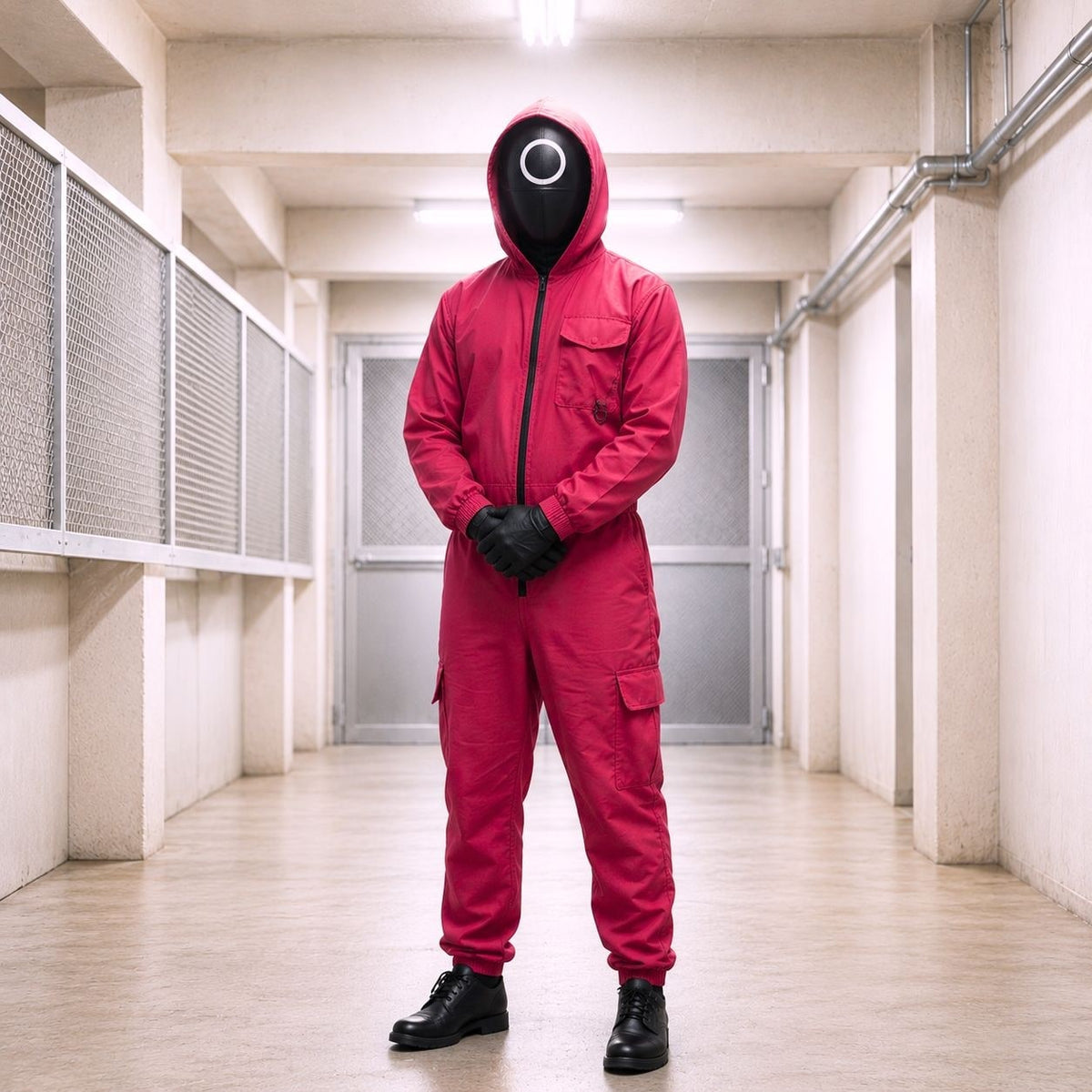 Halloween survival game Costume Jumpsuit Outfit with Hooded Design Guard Mask and Belt