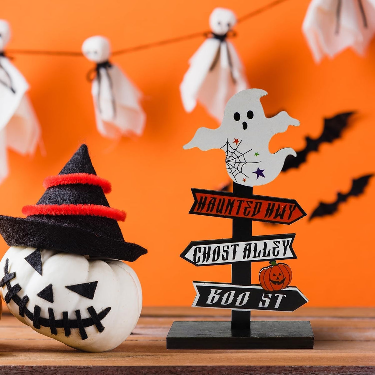 Halloween Table Decoration with Directional Sign for Dining Room and Entryway Tabletop Decor