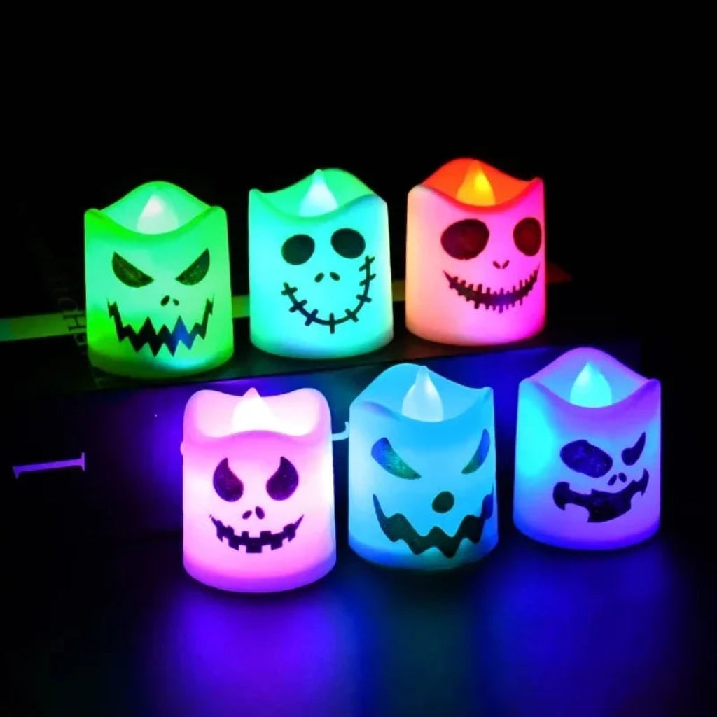Halloween Tea Lights Battery Operated LED with Spooky Faces Flameless Candles Set of 6
