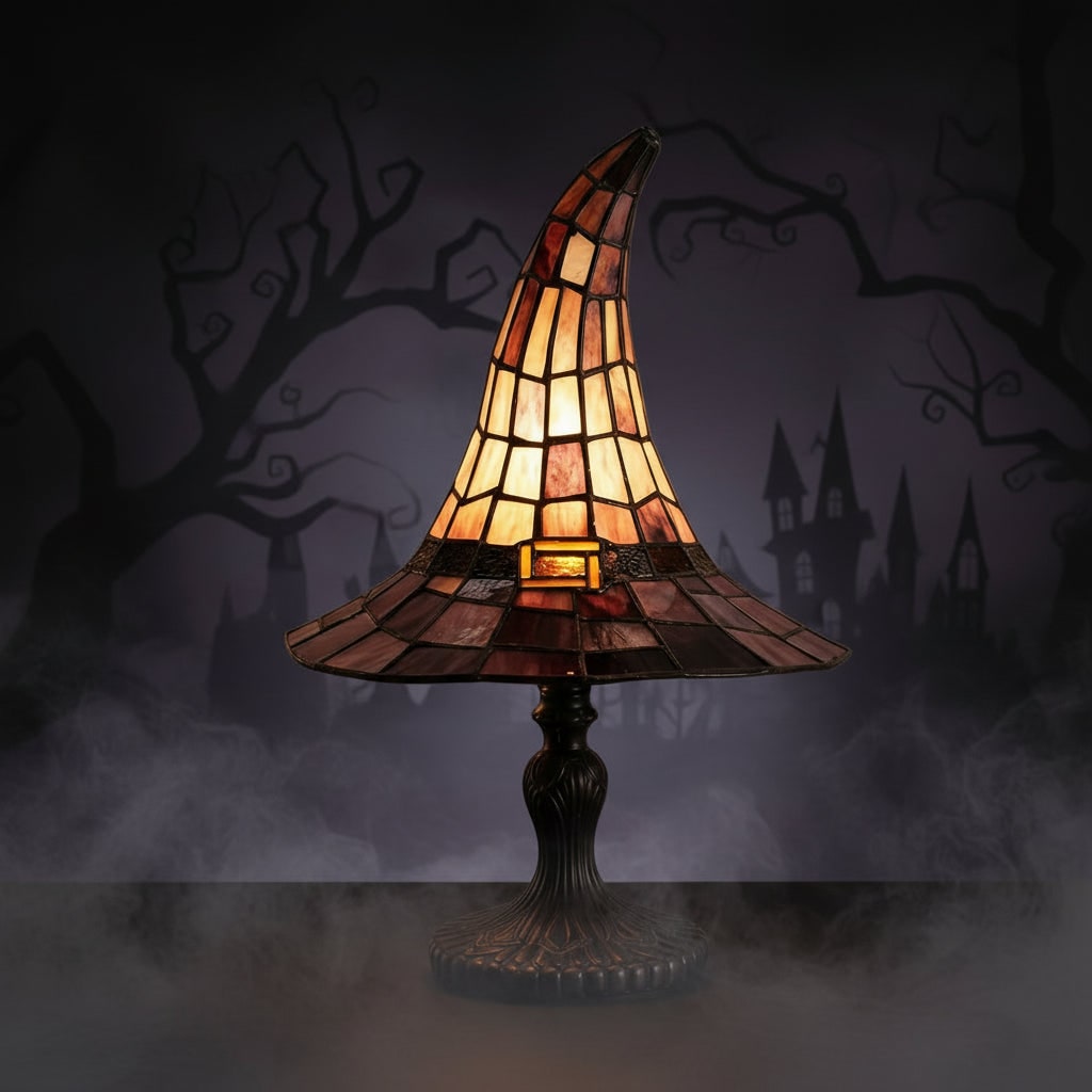Halloween Tiffany Glass Witch Hat Table Lamp with Stained Shade and Bronze Base