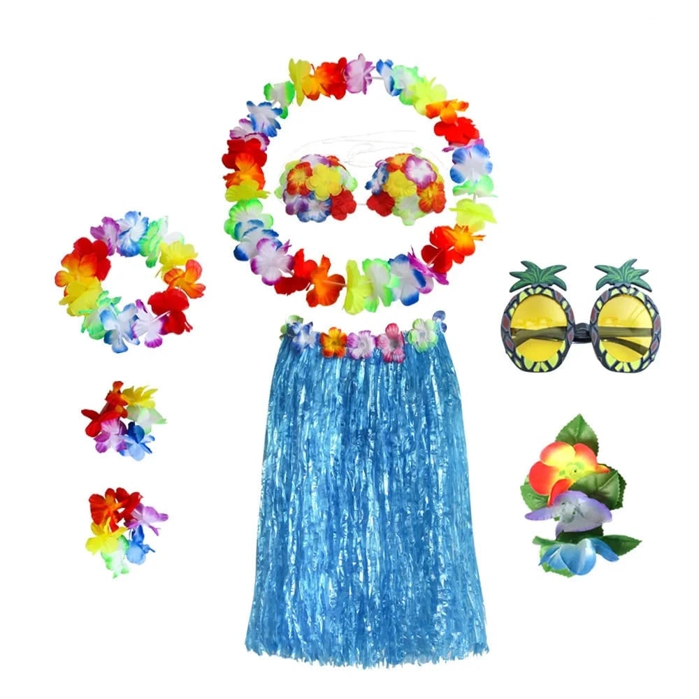Halloween Two Piece Skirt and Top Matching Set Hawaiian Hula Costume with Grass Flower Lei
