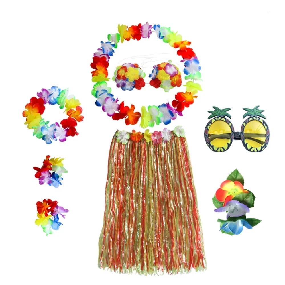 Halloween Two Piece Skirt and Top Matching Set Hawaiian Hula Costume with Grass Flower Lei