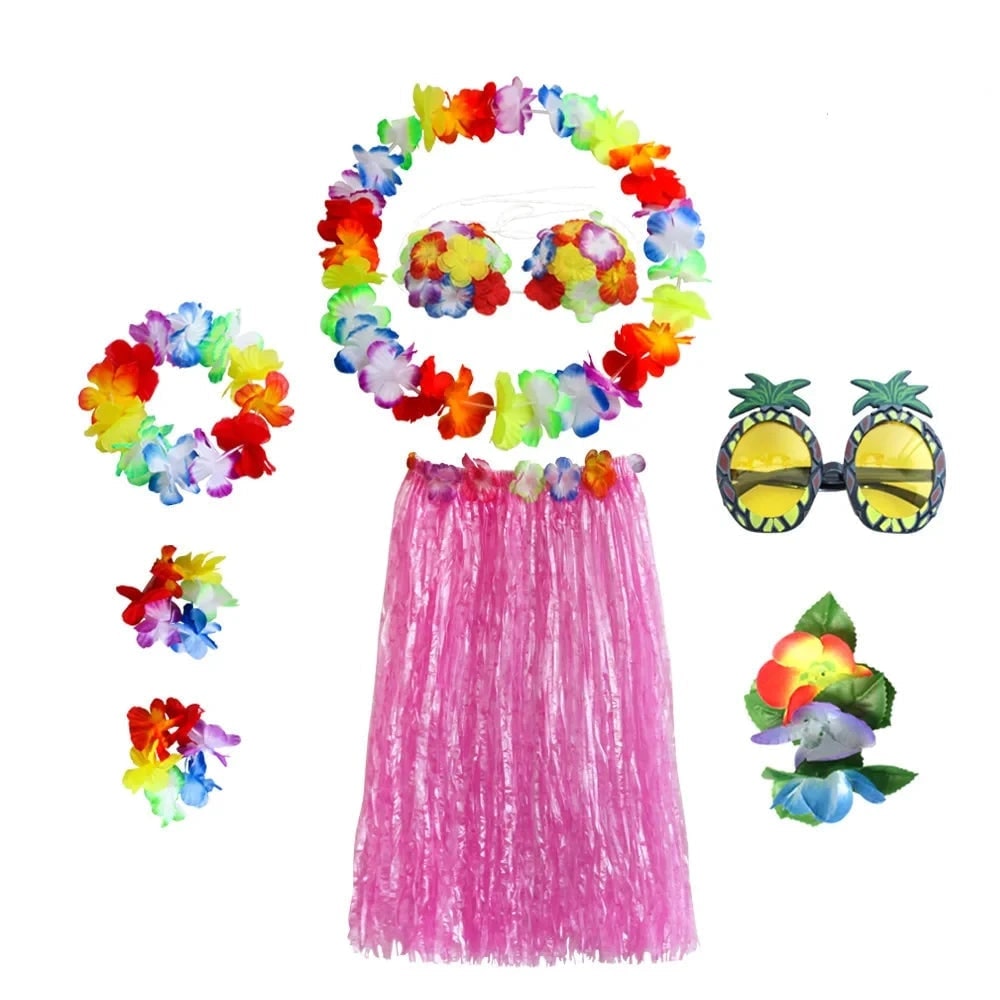 Halloween Two Piece Skirt and Top Matching Set Hawaiian Hula Costume with Grass Flower Lei
