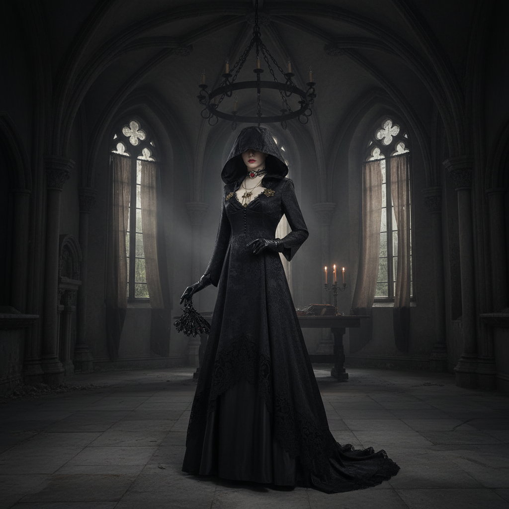 Halloween Vampire Costume Gothic Hooded Black Dress with Lace Choker Pendant and Gloves