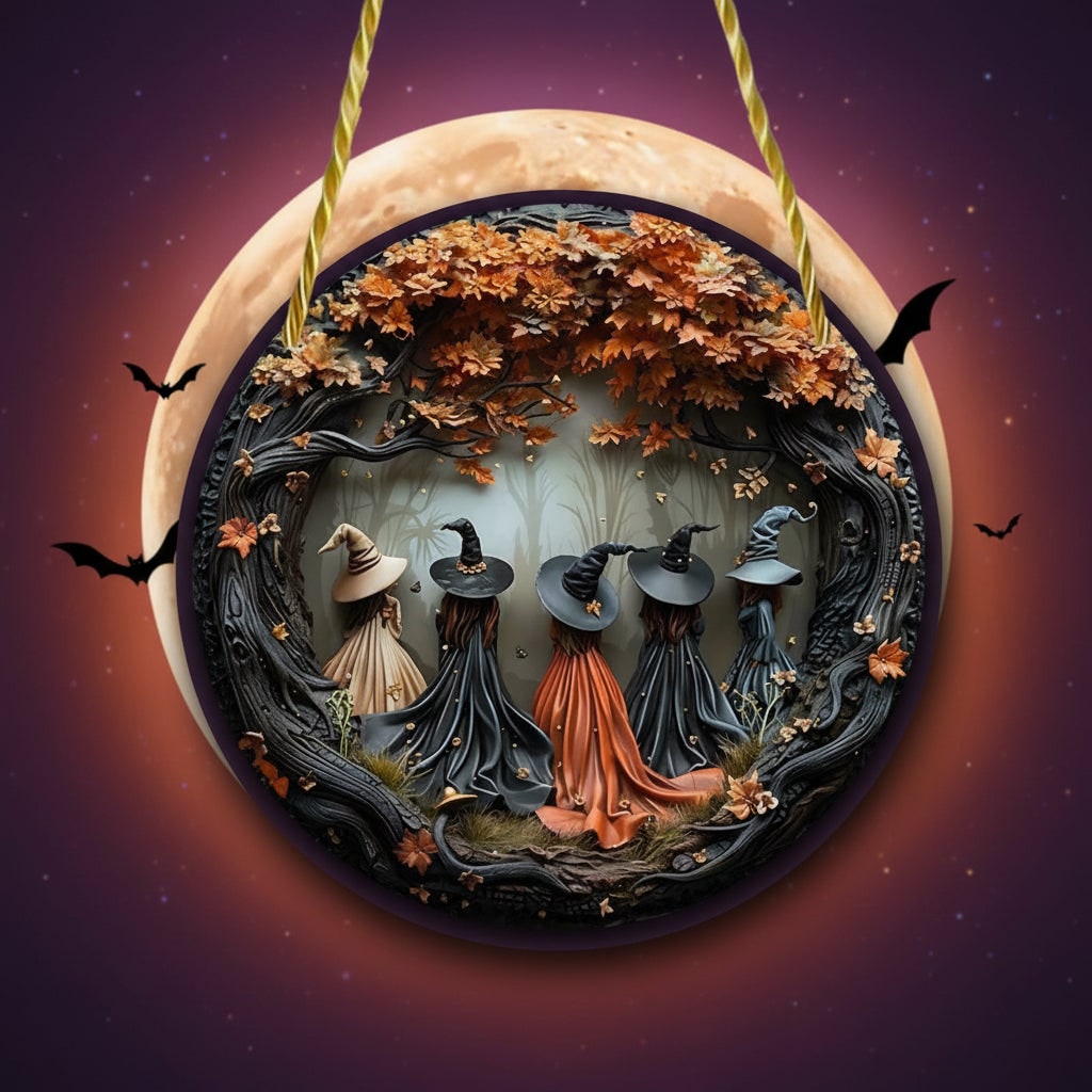 Halloween Wall Art Plaque with 3D Witch Relief and Autumn Leaves for Decor Panel