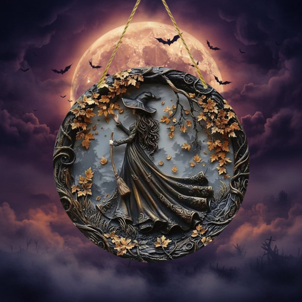 Halloween Wall Art Plaque with 3D Witch Relief and Autumn Leaves for Decor Panel