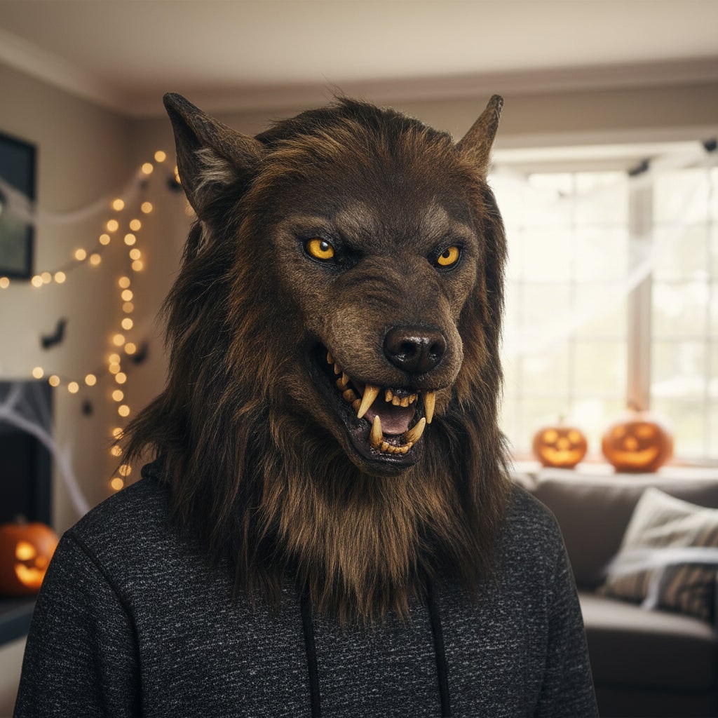 Halloween Werewolf Mask Realistic Wolf Costume with Fangs and Faux Fur Day Of The Dead