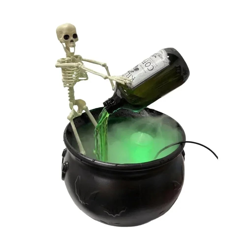 Halloween Witch Cauldron Decoration Fog Machine LED Lights and Floating Bottle Prop
