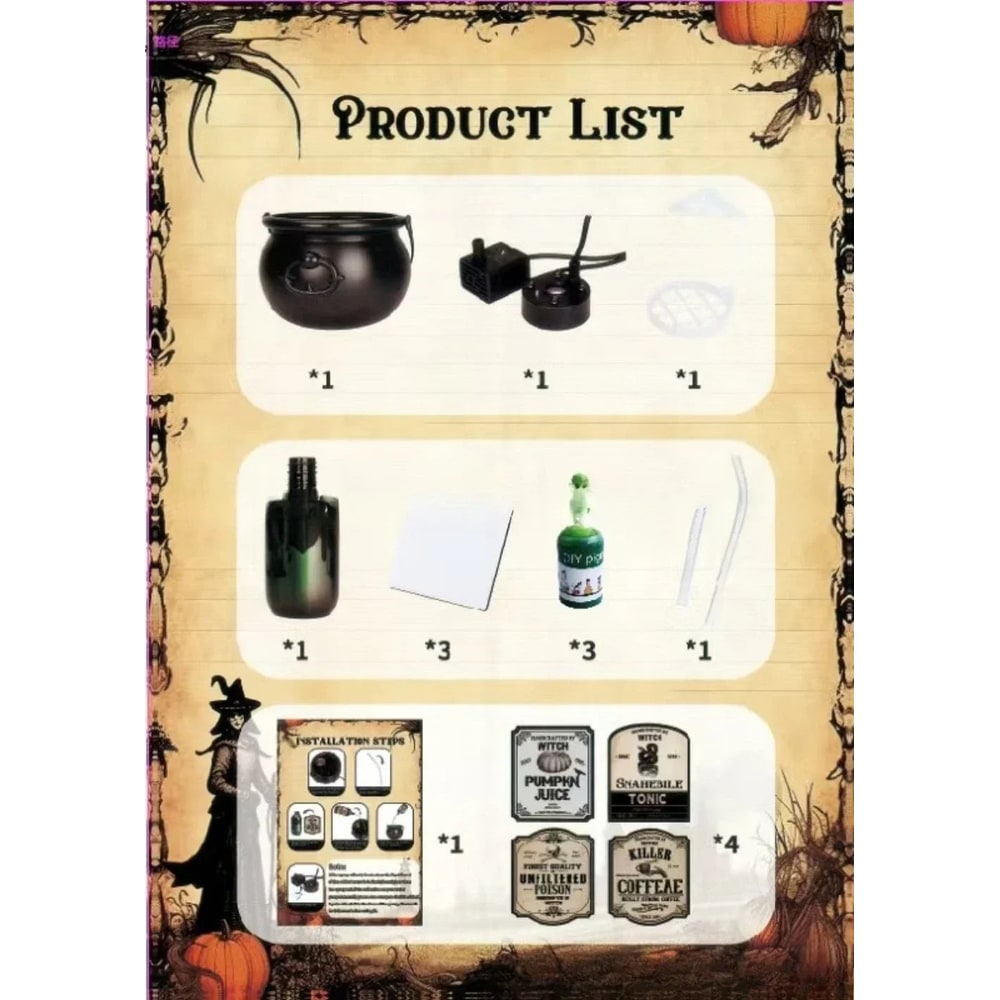 Halloween Witch Cauldron Decoration Fog Machine LED Lights and Floating Bottle Prop