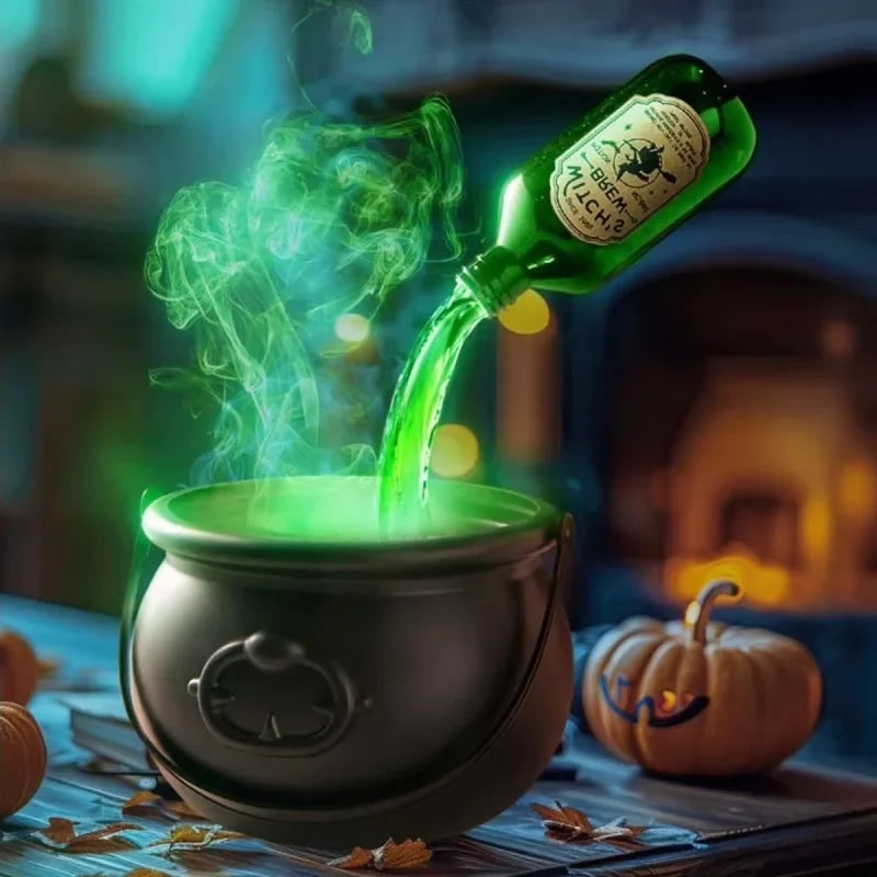 Halloween Witch Cauldron Decoration Fog Machine LED Lights and Floating Bottle Prop