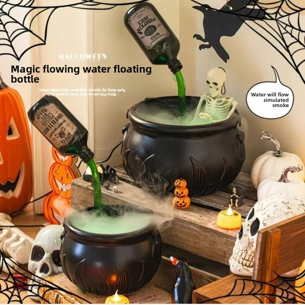 Halloween Witch Cauldron Decoration Fog Machine LED Lights and Floating Bottle Prop
