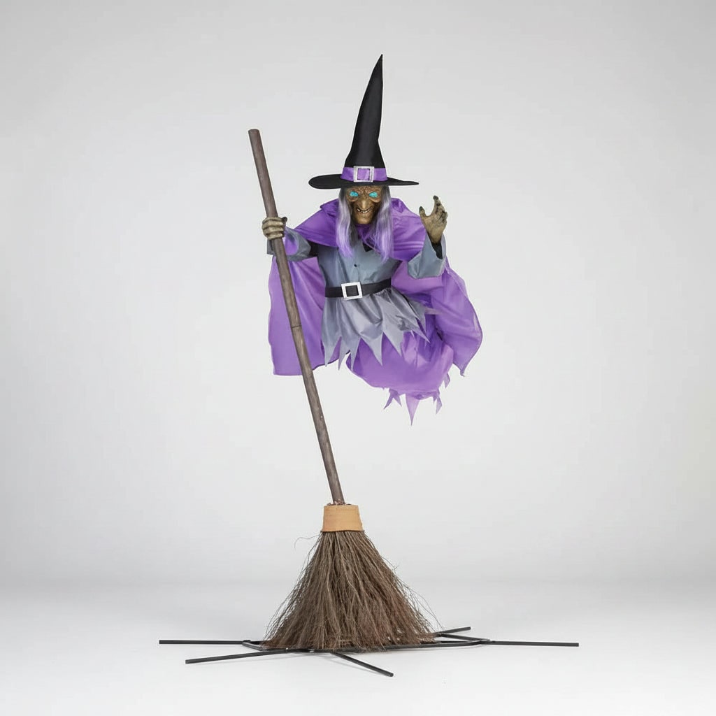 Halloween Witch Decoration Blow Up with Glowing Eyes and Flying Broomstick for Outdoor Yard Prop