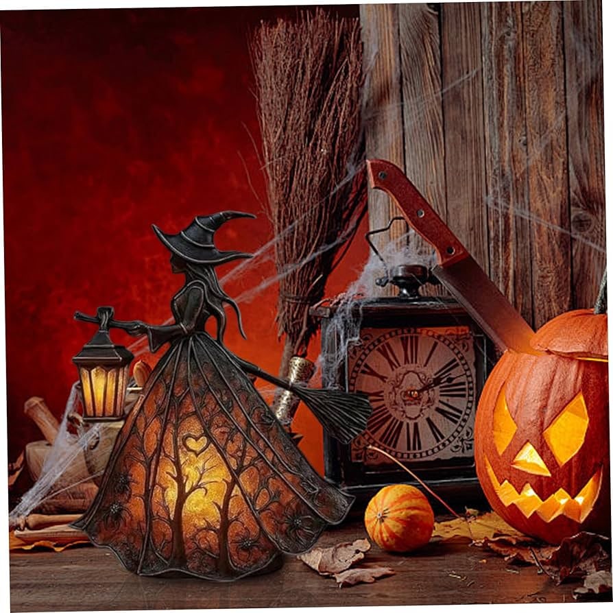 Halloween Witch Decoration Figurine with LED Lantern Light for Party