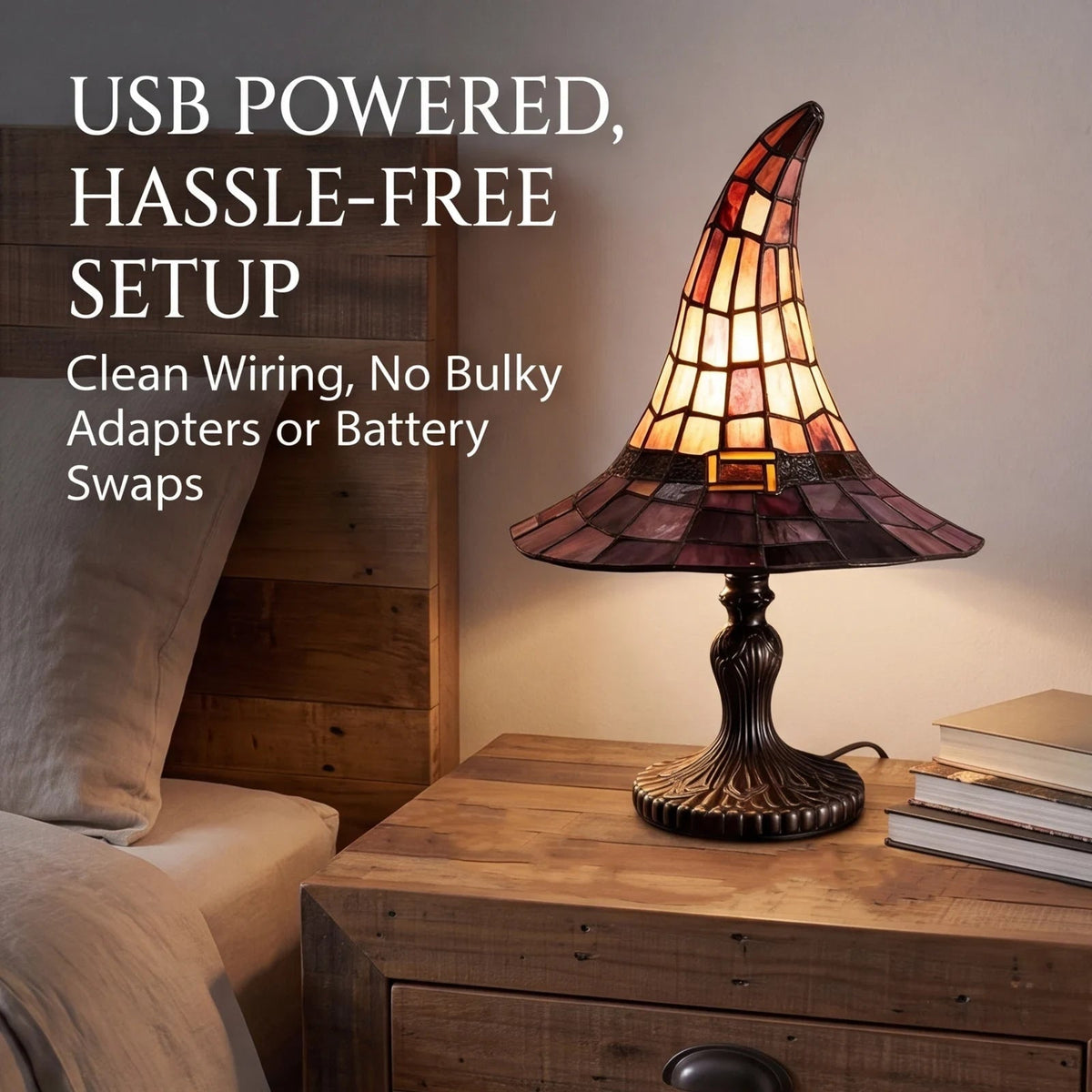 Halloween Witch Hat Tiffany Style Table Lamp with USB Power and Warm Glow Decoration Bed Side