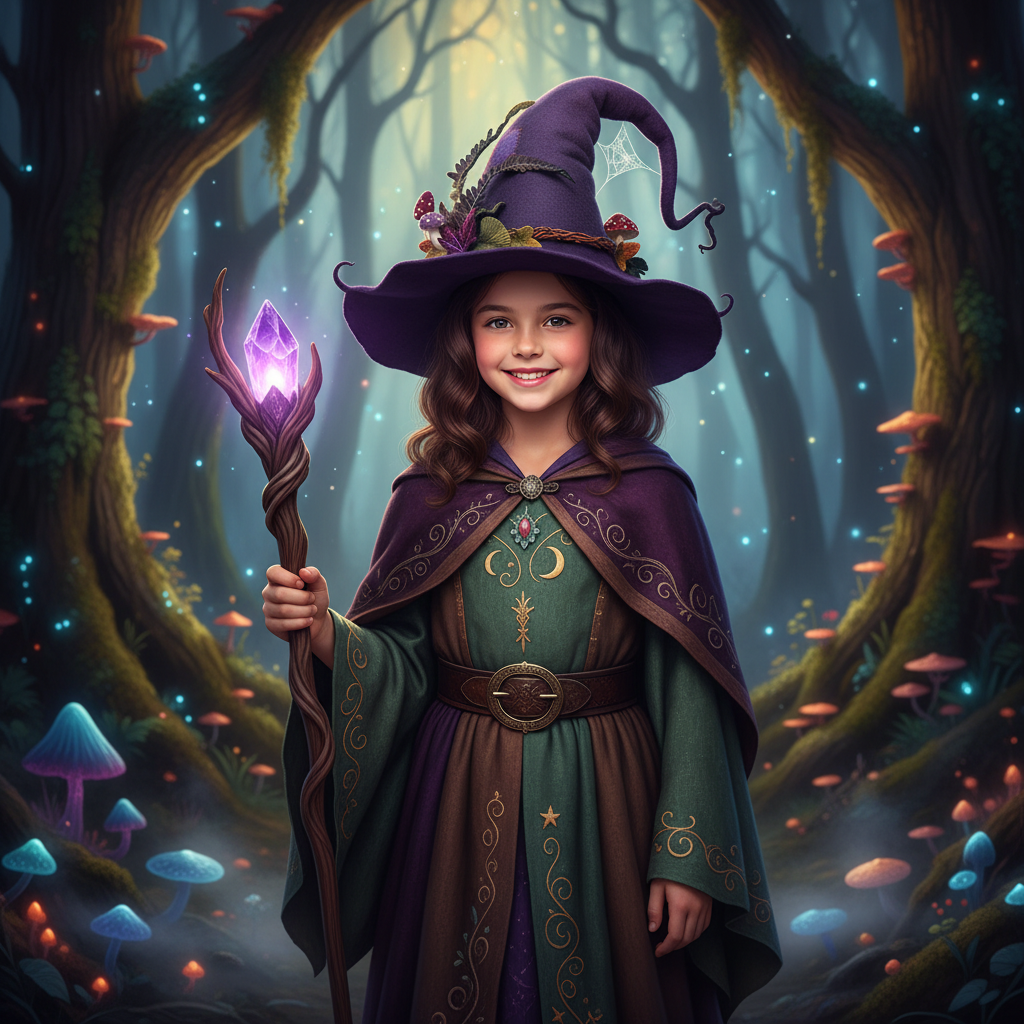Halloween Witch Hat with Decorated Forest Elements and Whimsical Curled Tip Witches