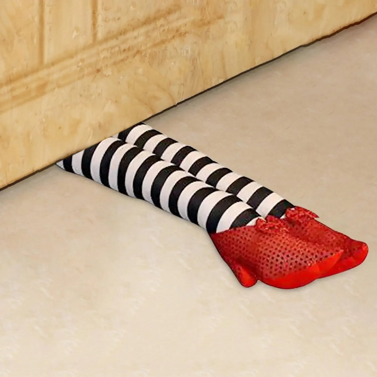 Halloween Witch Legs Decoration Door Stopper with Striped Plush and Red Sequin Shoes for Party Decor