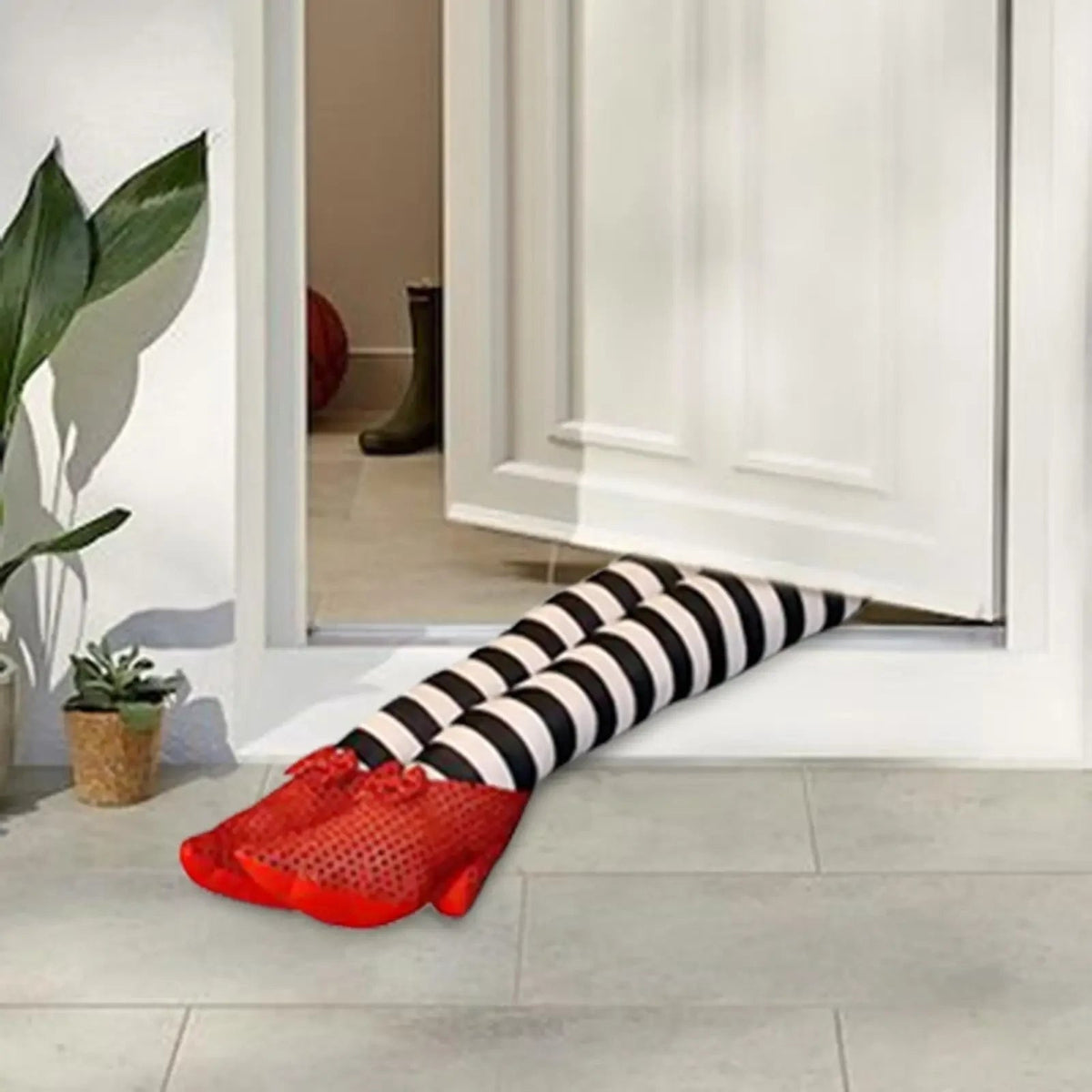 Halloween Witch Legs Decoration Door Stopper with Striped Plush and Red Sequin Shoes for Party Decor