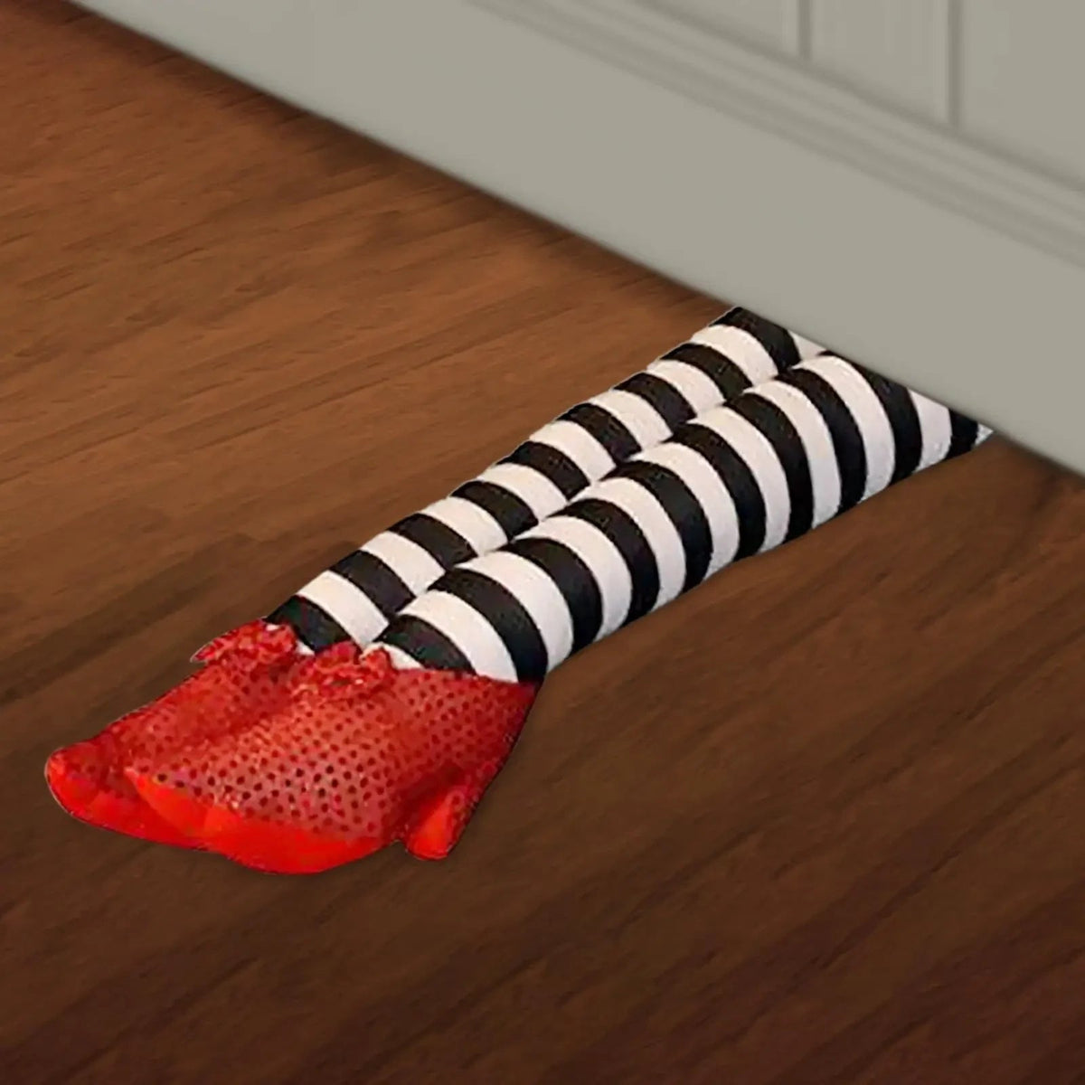 Halloween Witch Legs Decoration Door Stopper with Striped Plush and Red Sequin Shoes for Party Decor