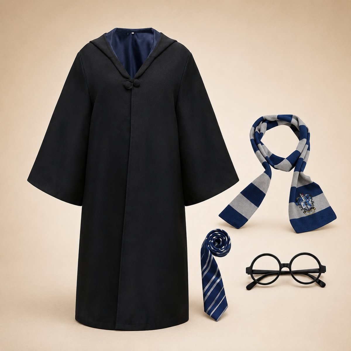 Halloween Wizard Robe Costume with Hood Bell Sleeves and Striped Scarf Accessory Set