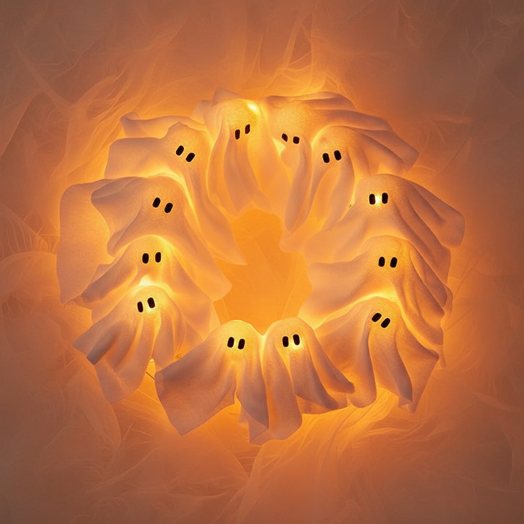 Halloween Wreath Door Decoration with LED Ghost Lights and Gauze Fabric for Front Party Decor