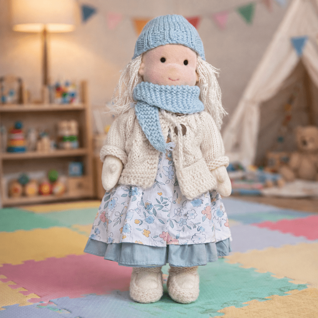 Handcrafted Waldorf Doll 28cm Cotton Handmade Fabric Knitted Clothing Yarn Hair Cloth