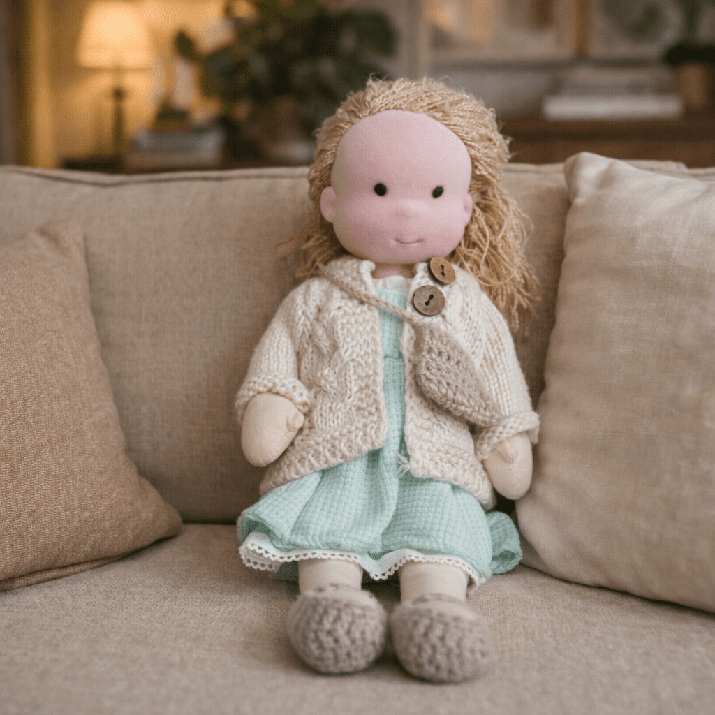 Handcrafted Waldorf Doll 28cm Cotton Handmade Fabric Knitted Clothing Yarn Hair Cloth