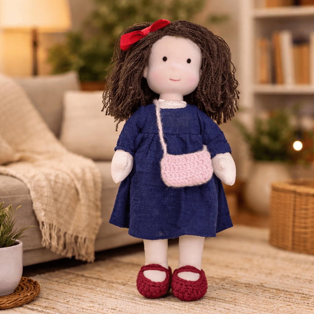 Handcrafted Waldorf Doll 28cm Cotton Handmade Fabric Knitted Clothing Yarn Hair Cloth