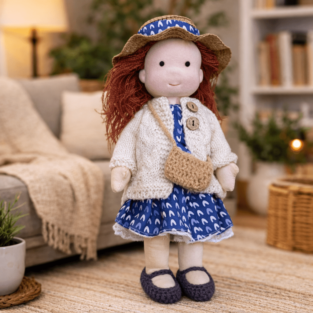 Handcrafted Waldorf Doll 28cm Cotton Handmade Fabric Knitted Clothing Yarn Hair Cloth