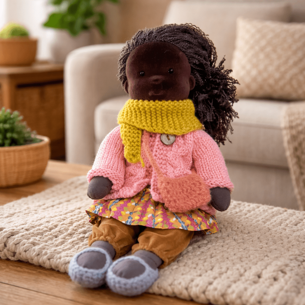 Handcrafted Waldorf Doll 28cm Cotton Handmade Fabric Knitted Clothing Yarn Hair Cloth