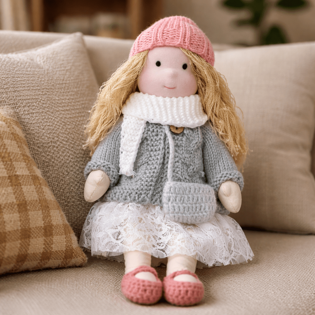Handcrafted Waldorf Doll 28cm Cotton Handmade Fabric Knitted Clothing Yarn Hair Cloth