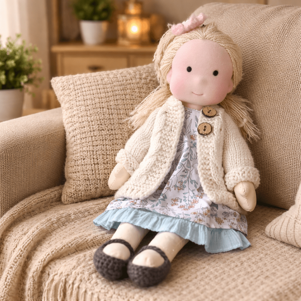 Handcrafted Waldorf Doll 28cm Cotton Handmade Fabric Knitted Clothing Yarn Hair Cloth