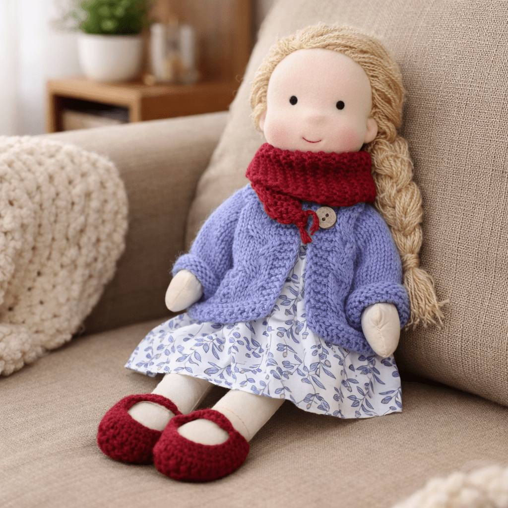 Handcrafted Waldorf Doll 28cm Cotton Handmade Fabric Knitted Clothing Yarn Hair Cloth