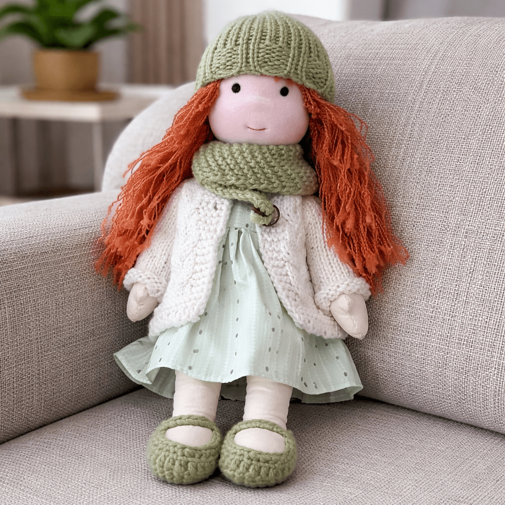 Handcrafted Waldorf Doll 28cm Cotton Handmade Fabric Knitted Clothing Yarn Hair Cloth