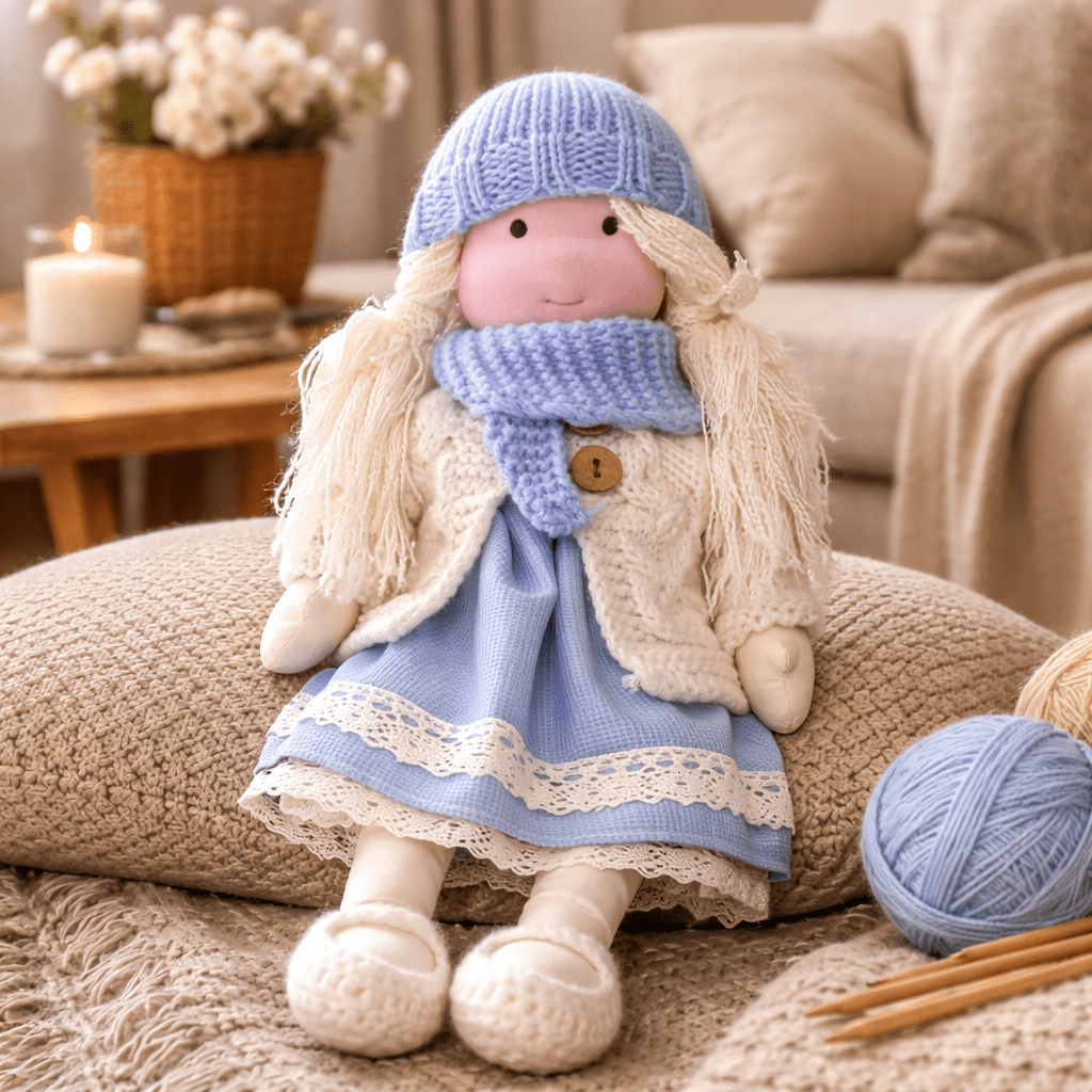 Handcrafted Waldorf Doll 28cm Cotton Handmade Fabric Knitted Clothing Yarn Hair Cloth