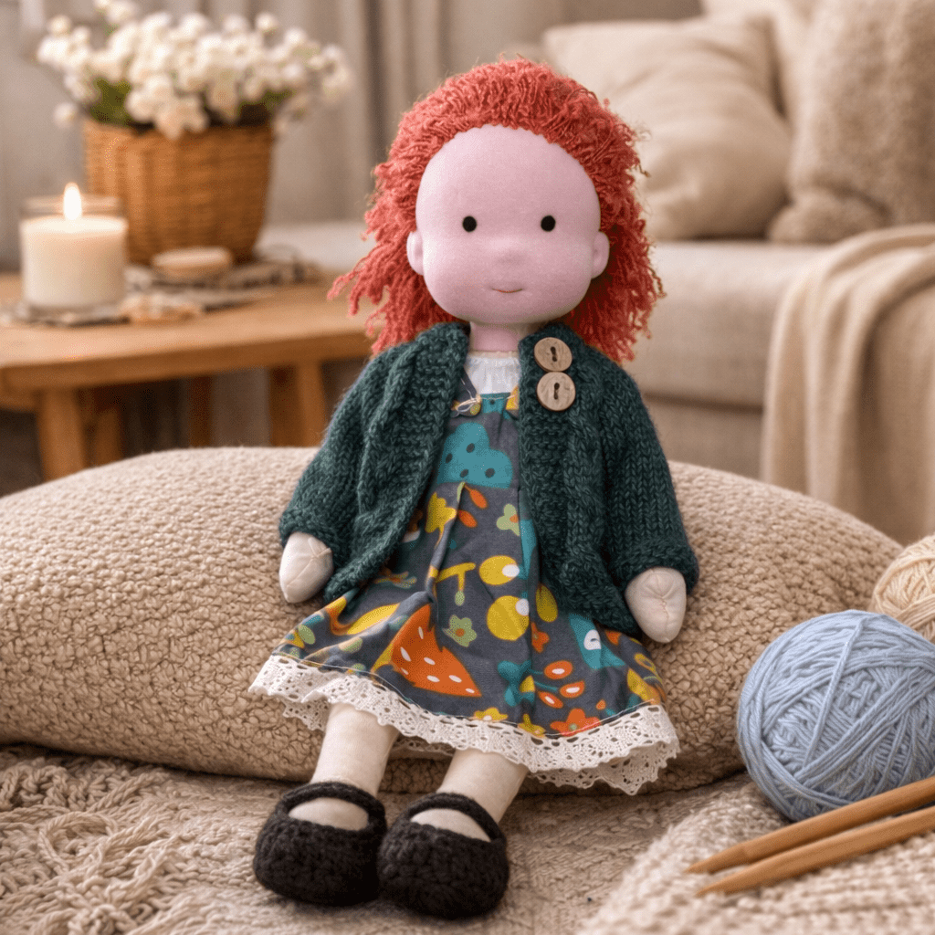 Handcrafted Waldorf Doll 28cm Cotton Handmade Fabric Knitted Clothing Yarn Hair Cloth