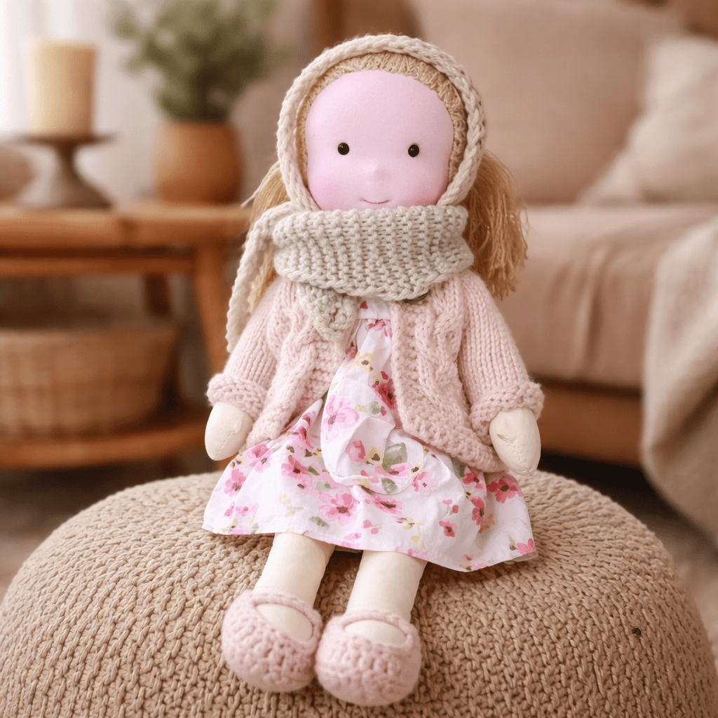 Handcrafted Waldorf Doll 28cm Cotton Handmade Fabric Knitted Clothing Yarn Hair Cloth