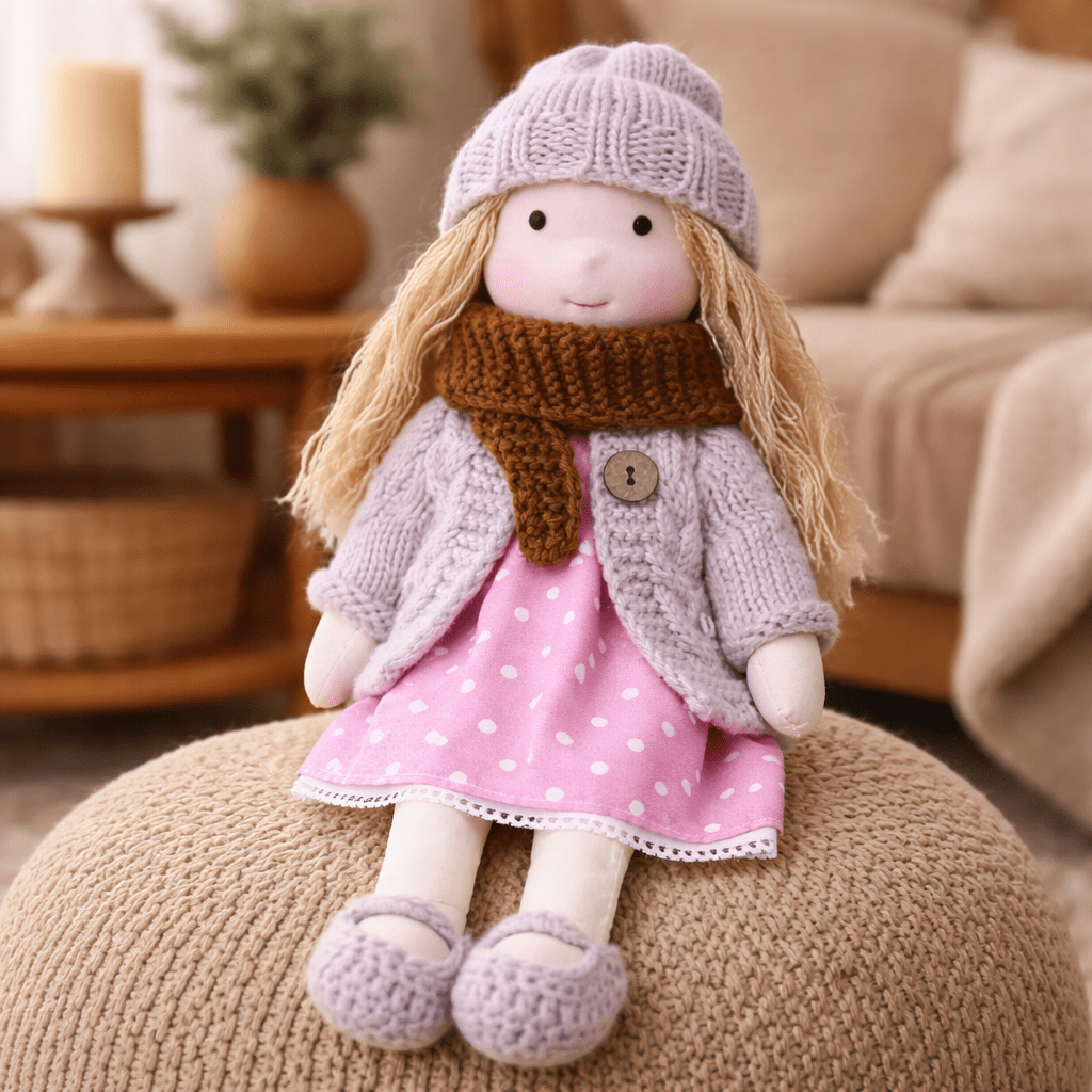 Handcrafted Waldorf Doll 28cm Cotton Handmade Fabric Knitted Clothing Yarn Hair Cloth