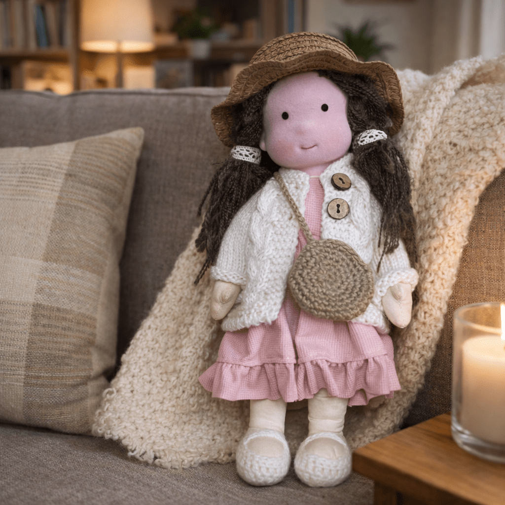 Handcrafted Waldorf Doll 28cm Cotton Handmade Fabric Knitted Clothing Yarn Hair Cloth