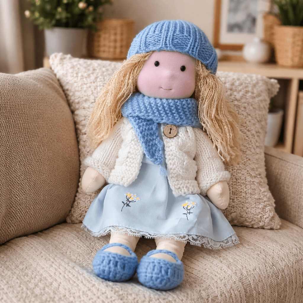 Handcrafted Waldorf Doll 28cm Cotton Handmade Fabric Knitted Clothing Yarn Hair Cloth