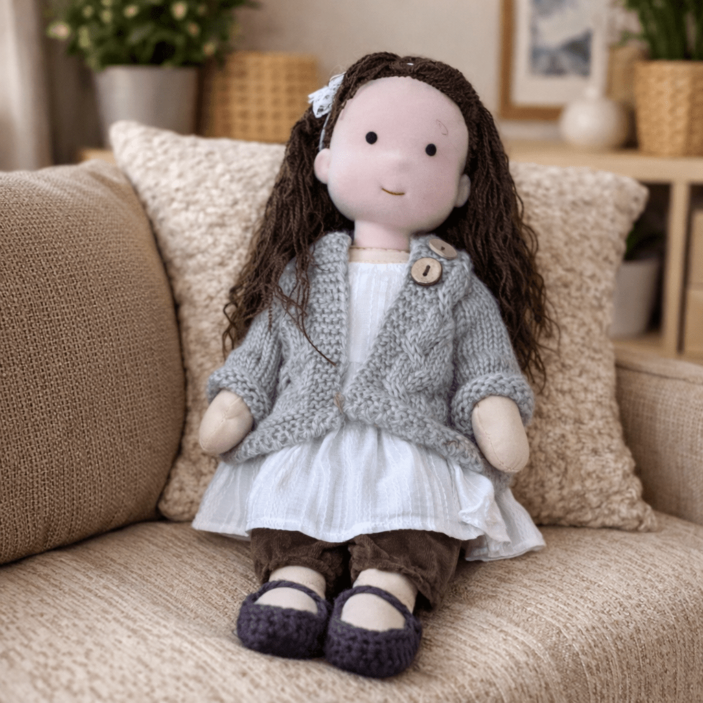Handcrafted Waldorf Doll 28cm Cotton Handmade Fabric Knitted Clothing Yarn Hair Cloth